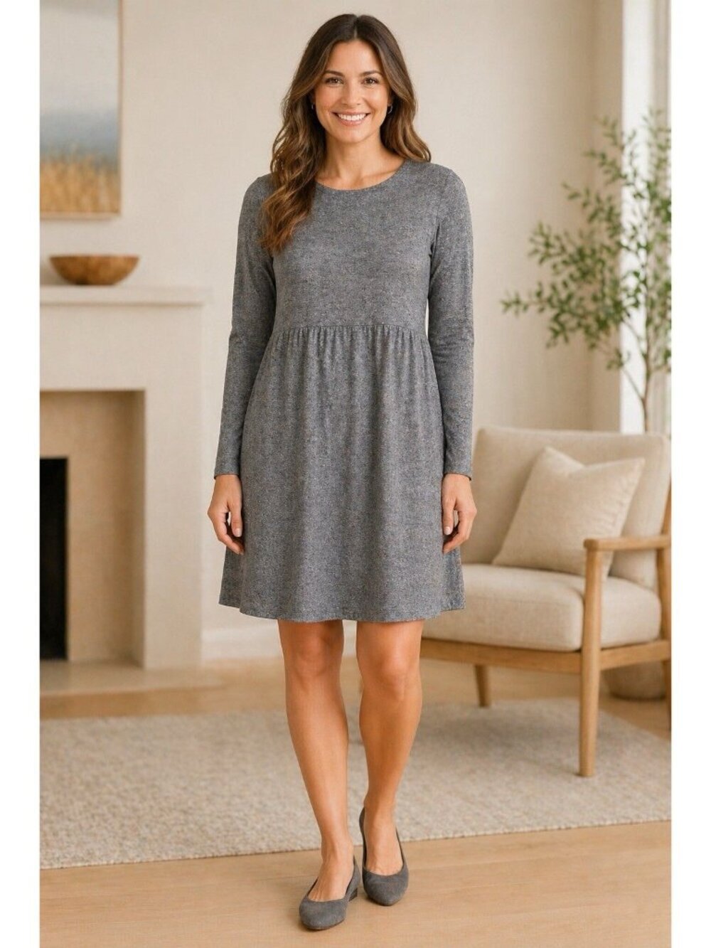 J Jill Wearever Dress Long Sleeve Women M Fit Flare Heather Gray Stretchy Minima
